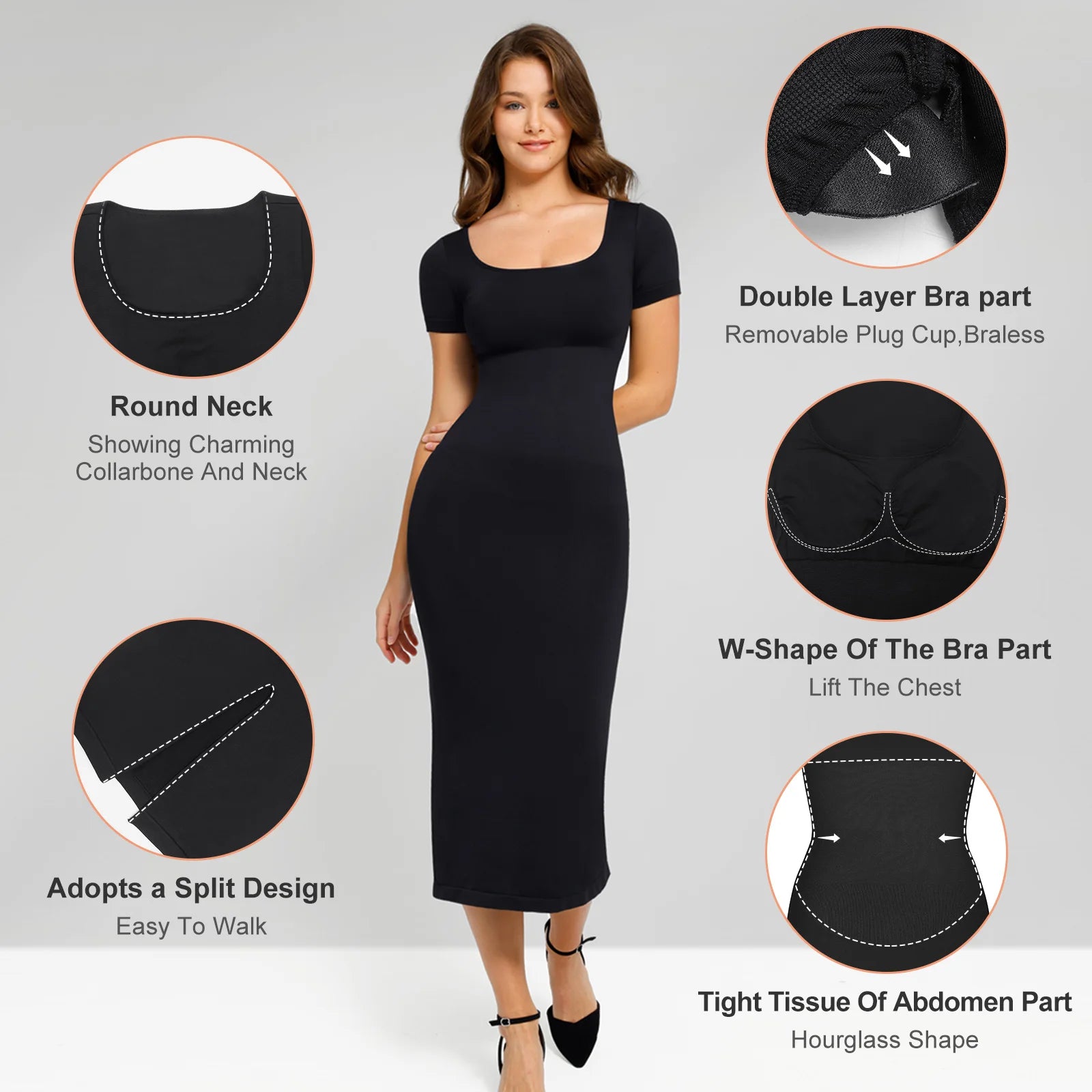 Shapwear Short Sleeve Dress Built in Bra for Women Long Dress Seamless Bodycon Dress Tummy Control Butt Lifter Push Up
